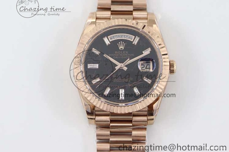 0419 Day Date 40mm RG 904L Steel TWF 1:1 Best Edition Black Crystal Dial on RG Bracelet A MoistureWicking 2349